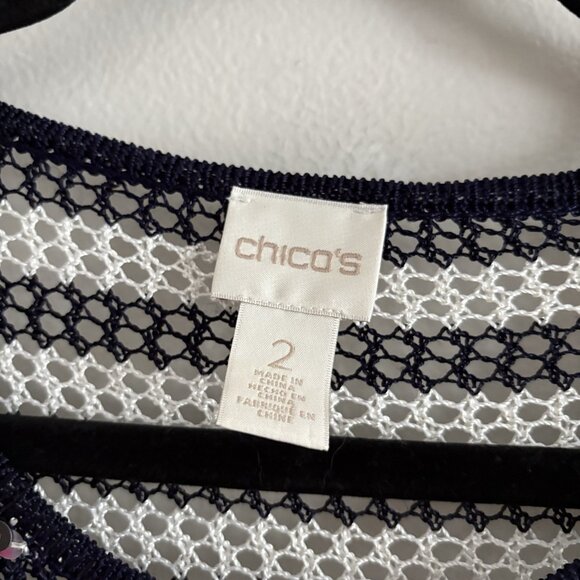 Chicos Wmn 2/L Navy Blue/White Silver Sequin Open Knit Pullover Tunic Sweater - Picture 6 of 7